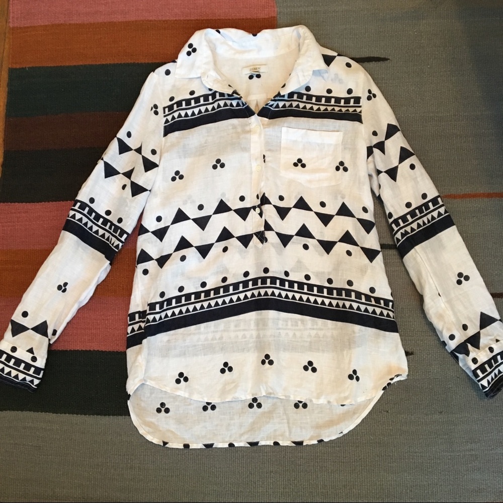 J Crew linen blouse with boho geometric pattern